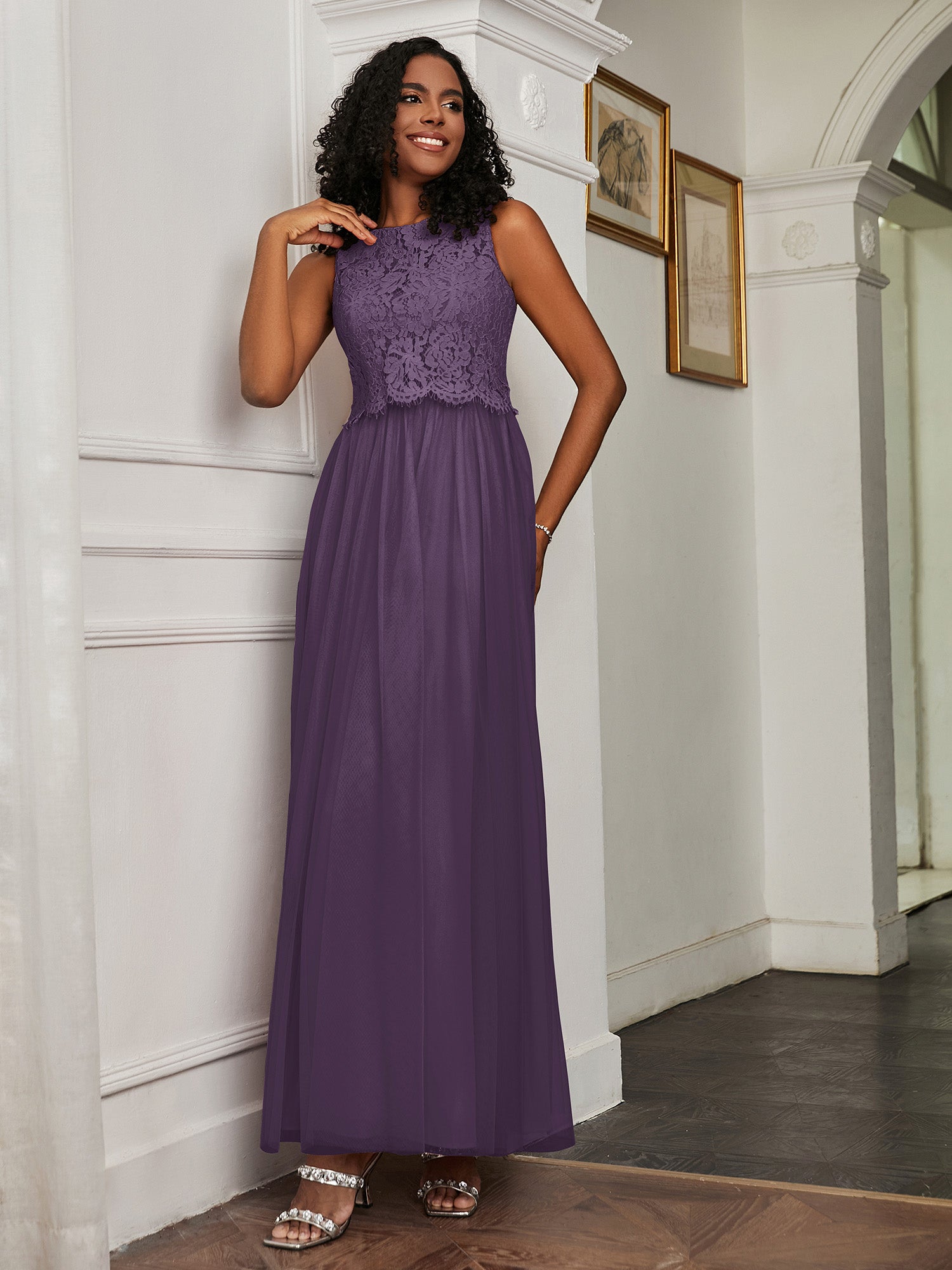 A-Line Jewel Neckline Tulle Dress Plum
